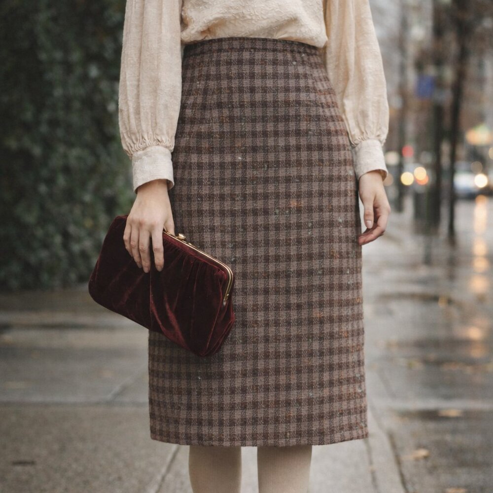 Vintage 60s A Sassy Skirt Brown Plaid Wool Tweed High Waist Midi A-Line S/M